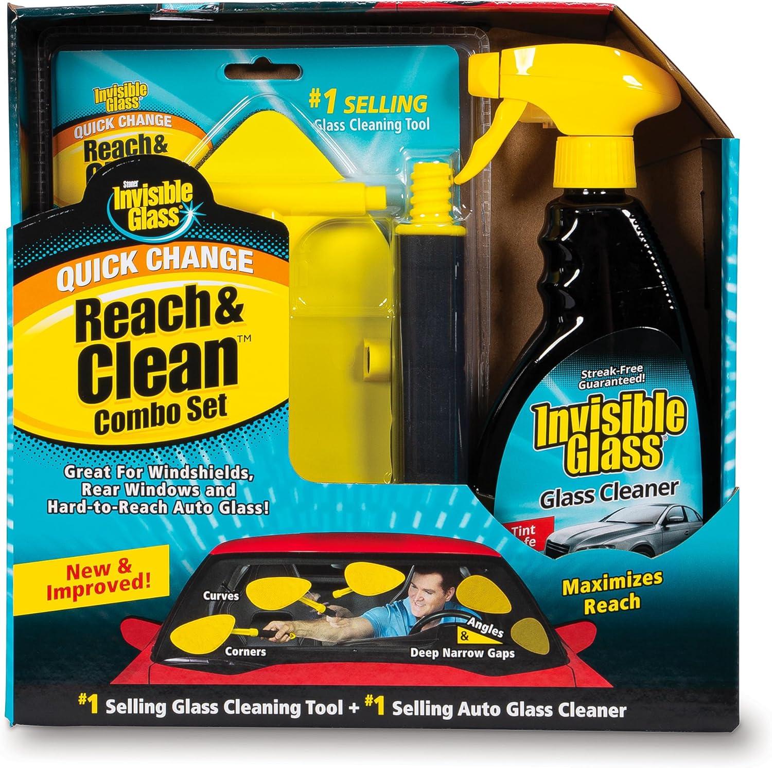imageInvisible Glass 99050 Reach ampamp Clean Glass Windshield Cleaner Tool Combo Kit with Premium Spray Glass Cleaner Extendable Handle 2 Reusable Quick Change Microfibers and Storage BagSpray