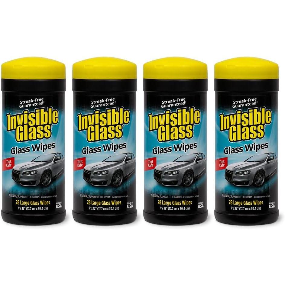 imageInvisible Glass 901666PK Large Glass Cleaning Wipes for StreakFree Windows Mirrors and Glass LintFree AmmoniaFree TintSafe for Home and Auto Canister 28 Count Pack of 628 Count Pack of 4
