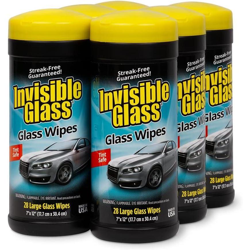 imageInvisible Glass 901666PK Large Glass Cleaning Wipes for StreakFree Windows Mirrors and Glass LintFree AmmoniaFree TintSafe for Home and Auto Canister 28 Count Pack of 628 Count Pack of 6