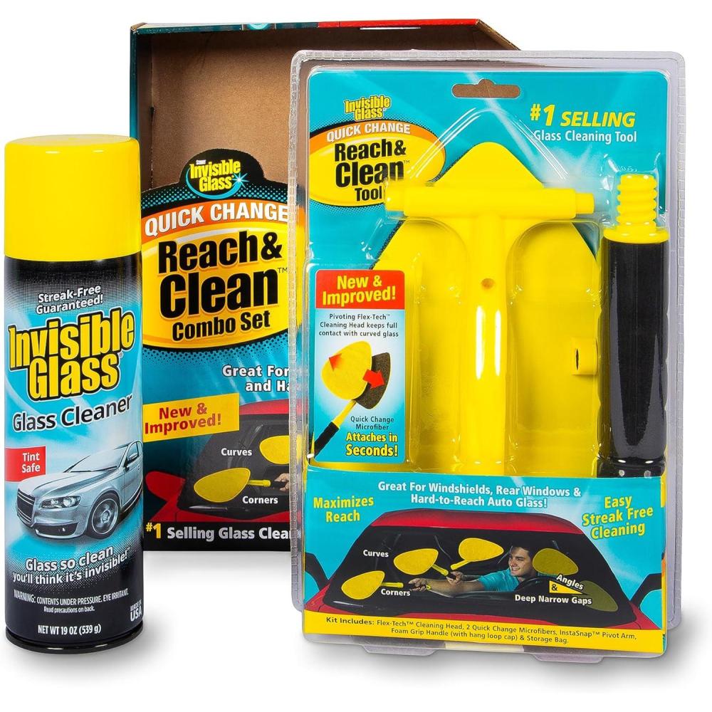 imageInvisible Glass 99050 Reach ampamp Clean Glass Windshield Cleaner Tool Combo Kit with Premium Spray Glass Cleaner Extendable Handle 2 Reusable Quick Change Microfibers and Storage BagAerosol