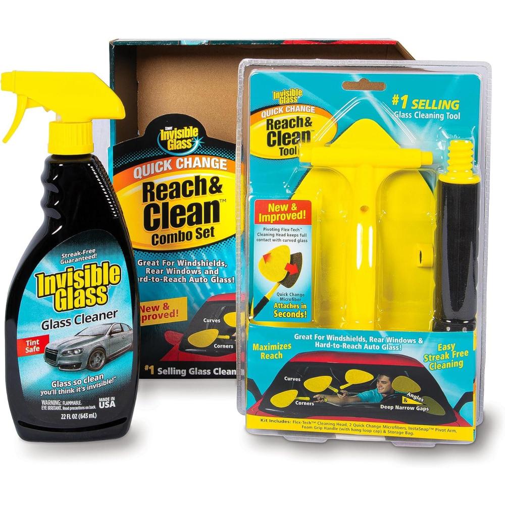 imageInvisible Glass 99050 Reach ampamp Clean Glass Windshield Cleaner Tool Combo Kit with Premium Spray Glass Cleaner Extendable Handle 2 Reusable Quick Change Microfibers and Storage BagSpray